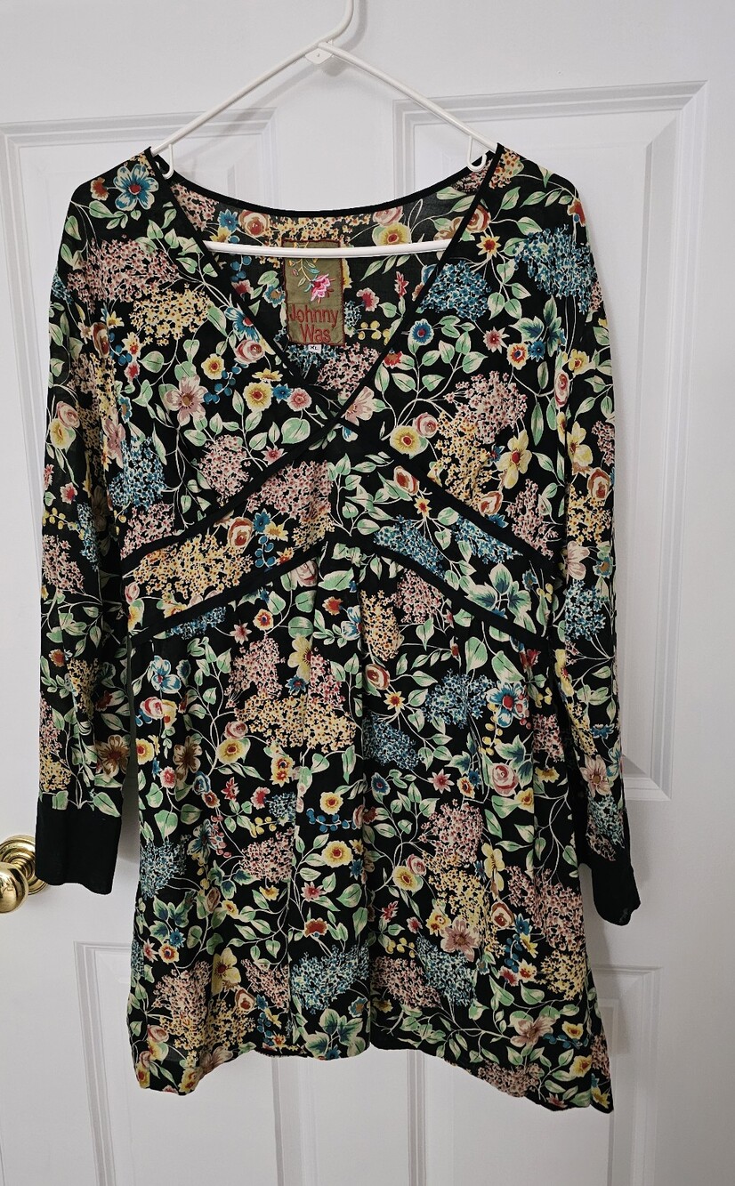 Johnny Was Black Multi-Color Floral Crossover Tunic XL
